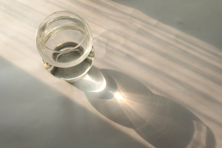 Glass cup on table with reflection of sun rays. minimalistic conceptの写真素材