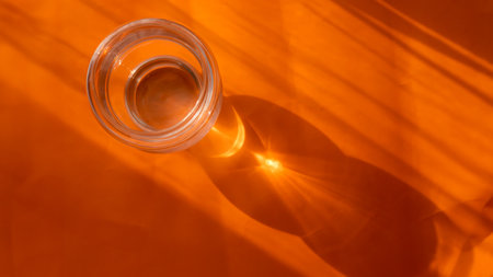 Glass cup with with shadow reflection on orange background. minimalistic conceptの写真素材