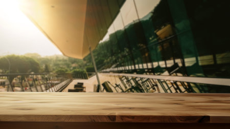 Empty wooden table on abstract blurred background. Free space can be used for montage or product display design and advertisingの写真素材