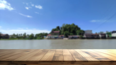 Wood table top on blur background - can be used for display or montage your productsの写真素材