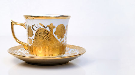 teacup isolated on white background, tea cup with gold patternの写真素材