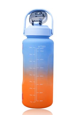 A blue and orange water bottle isolated on white with copy space