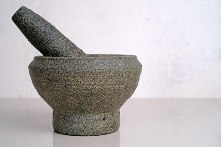 Mortar and pestle on the table. Mortar and pestleの写真素材