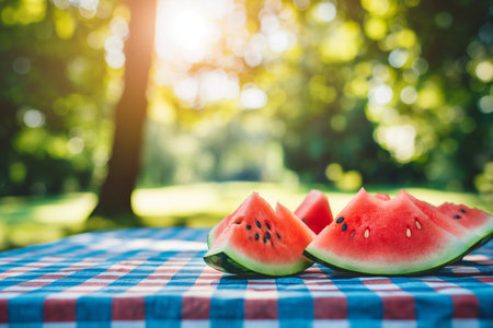 Watermelon Slices on wooden table with blurry backgroundの素材