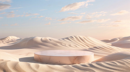 Wooden round podium in the desert. 3d render illustration.の素材