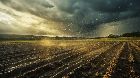 Falling snow on the field at sunset. Dramatic sky over agricultural field.の素材