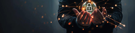 Closeup of businessman hand holding digital padlock in data protection technology networkの素材