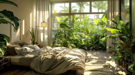 Modern bedroom interior design with green plants. 3d render concept.の素材