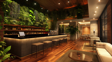 3d rendering of bar interior design with wood floor and wooden wallの素材