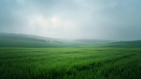 Foggy morning in the green field, panoramic viewの素材