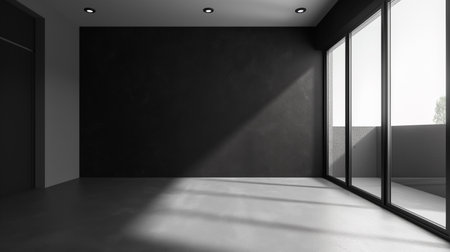 Interior of empty room with black walls, concrete floor and window with city view. 3d renderingの素材