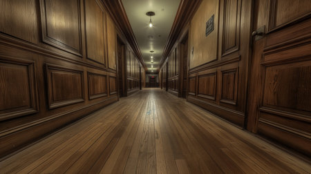 3D CG rendering of Long corridor with wooden doors and ceiling.の素材