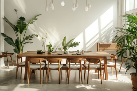 Interior of modern dining room with wooden table, chairs and plantsの素材