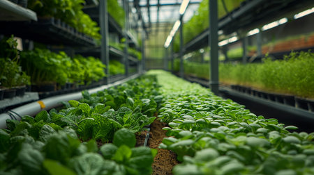 Organic hydroponic vegetable cultivation in a greenhouse. Green seedlings in a greenhouse.の素材