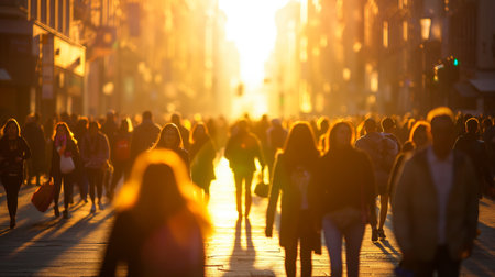 A crowd of people walking on the street at sunset. Blurred backgroundの素材