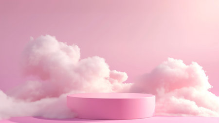 Minimal scene with pink podium and clouds. 3D rendering.の素材