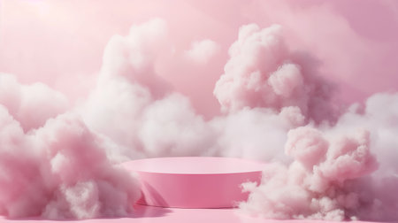 3D rendering of a pink podium in the sky with clouds.の素材