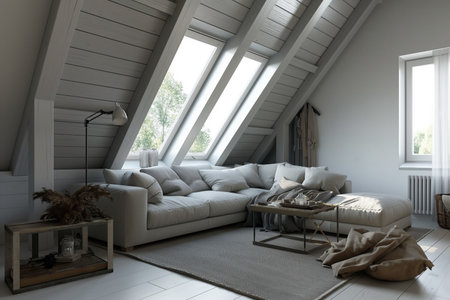 interior of attic living room, 3d render illustration mock upの素材