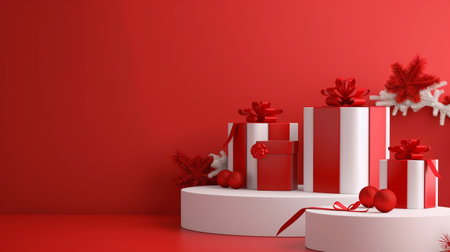 Christmas podium with gift boxes on red background. 3D rendering.の素材
