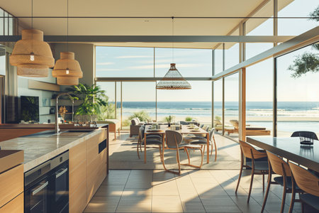 Interior of modern kitchen and dining room with sea view. 3D Renderingの素材
