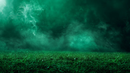Soccer field at night. Green grass, fog and lights. Dark backgroundの素材