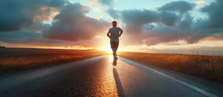 Runner athlete running on road at sunset. man fitness jogging workout wellness concept.の素材
