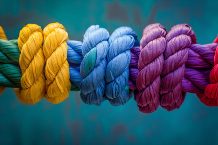 Multicolored rope on blue background, close-up, selective focusの素材