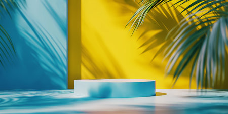 3d render, abstract minimal scene with geometrical forms, podium for product presentation, blue and yellow backgroundの素材