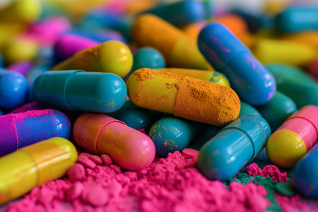 Colorful pills and powder on the table. Selective focus.の素材
