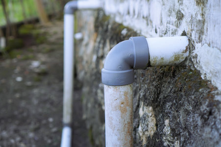 Closeup Of Weathered Gray And White Pipes Against A Stone Wallの写真素材