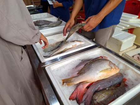 Freshly Caught Fish Displayed On Ice At A Seafood Market With Hands Reaching For Selectionの写真素材