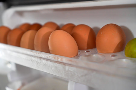 Brown Eggs In A Refrigerator Carton With Limeの写真素材