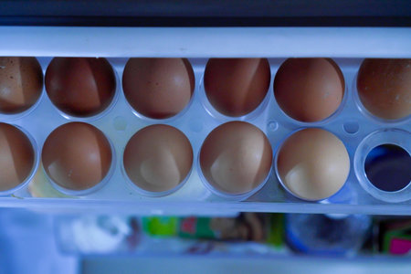 Overhead Close Up Of Brown Eggs In A White Plastic Egg Carton Inside A Refrigeratorの写真素材