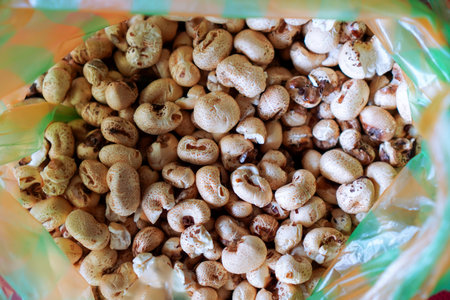 Close Up View Of Light Brown Puffed Rice In A Plastic Bagの写真素材