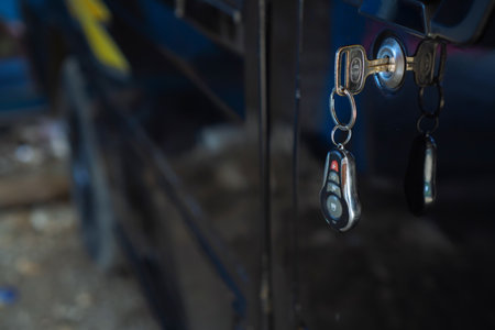 Closeup Of Car Keys In Vehicle Door Lockの写真素材