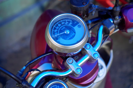 Close up of motorcycle speedometer and speedometer in blue tone.の写真素材