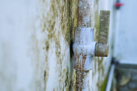 rusty steel pipe on wall, closeup of photo with shallow depth of fieldの写真素材