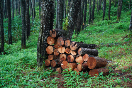 Pile of firewood in the pine forest. Natural background.の写真素材