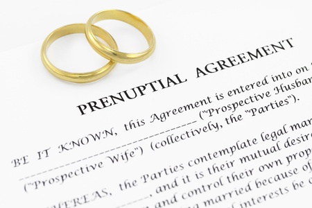 Form of prenuptial agreement with a pair of wedding ringsの写真素材