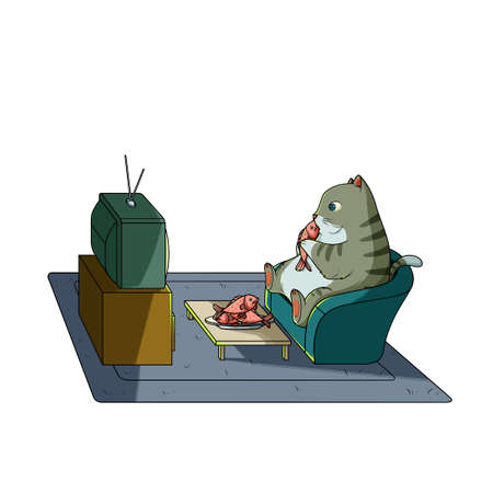 Cat eating fish and watching tvのイラスト素材