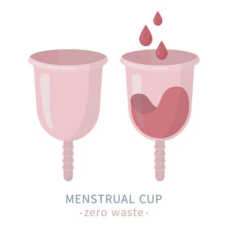 Vector illustration of a menstrual cup, blood collector for women during period and menstruation, zero waste eco way of protection during critical days, feminine hygiene product. White background.のイラスト素材