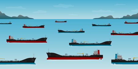 Vector illustration of oil tankers floating in coastline at day with sea. Nautical vessel float off the coast of California, global lockdown, low demand for crude crisis. Transport ships industry.のイラスト素材