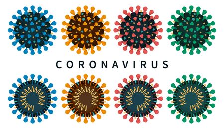 Isolated set of close-up flat vector illustrations of COVID-19 internal and external structure. Coronavirus options are blue orange red and green.のイラスト素材