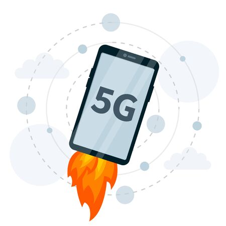 Rocket fast 5G connection on smartphone makes it fly. High speed internet, cellular data and mobile devices, fifth generation on white background, flat vector illustration of super signal.のイラスト素材