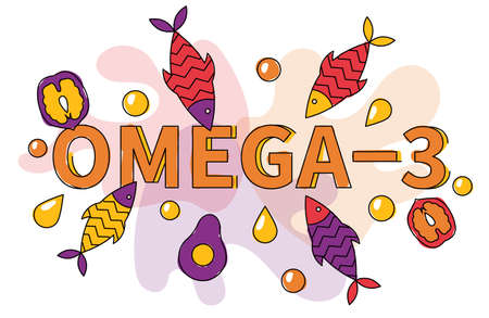 Flat vector illustration of fish, seafood, fatty acids oil, avocado, walnut. Omega 3 sources banner concept.のイラスト素材