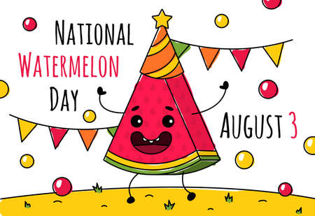 National watermelon day on August 3. Summer holiday and celebration with flags. Funny fruit with emotions and eyes. Vector illustration banner.のイラスト素材