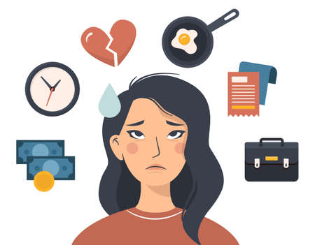Flat illustration of a sad Asian woman who is tired and annoyed. Factors of irritation around. Heartbreak, work, housekeeping and lack of time. Stress and bad moodのイラスト素材