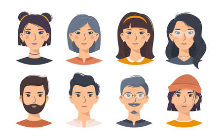 Cartoon flat set of Asian characters, men and women in different looks. Isolated male and female oriental avatars with accessories on a white background. Vector illustration for social networks.のイラスト素材