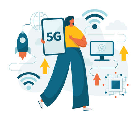 Flat vector illustration of a female character using fifth generation telecommunication standard with mobile devices, smartphones, computers. High speed connection to internet with 5g network.のイラスト素材
