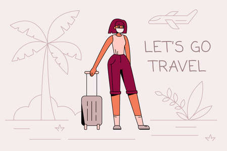 Flat vector illustration, banner of a hyperbolized female character in safety mask with luggage calling up to go travel again. Traveling after coronavirus epidemic. Borders reopen after covid pandemicのイラスト素材